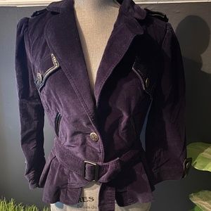 Vintage VS London Jean Sz 8 Navy Blue Velvet Belted Cropped Jacket w/Stretch